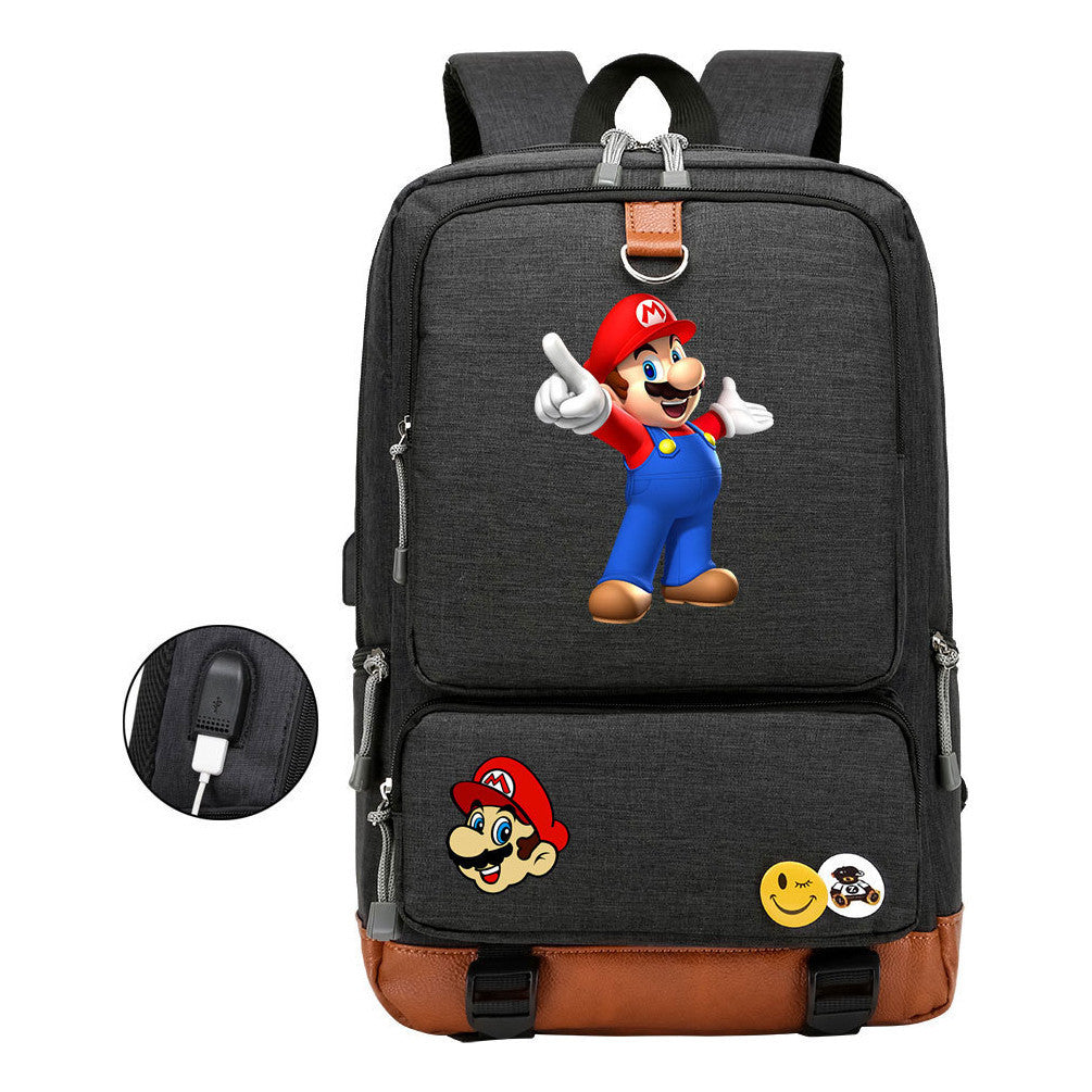 Super Mario Printed Usb Youth Student Backpack For Leisure Travel Backpack