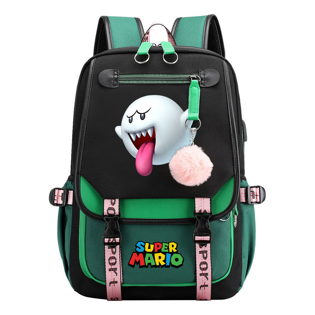 Super Mario Printed Usb Youth Student Backpack For Men And Women With Casual Woven Strap Flap Backpack
