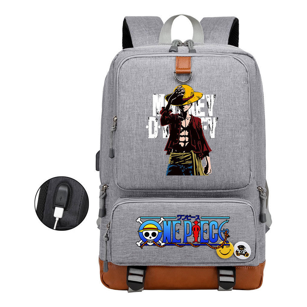 Cartoon Pirate King Print Usb Youth Backpack For Boys And Girls Leisure Travel Backpack