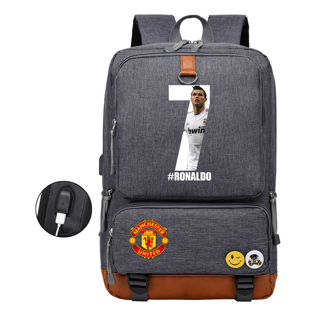 Football Star Cristiano Ronaldo Printed Usb Youth Student Backpack For Leisure Travel Backpack