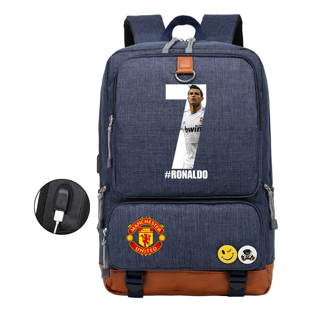 Football Star Cristiano Ronaldo Printed Usb Youth Student Backpack For Leisure Travel Backpack