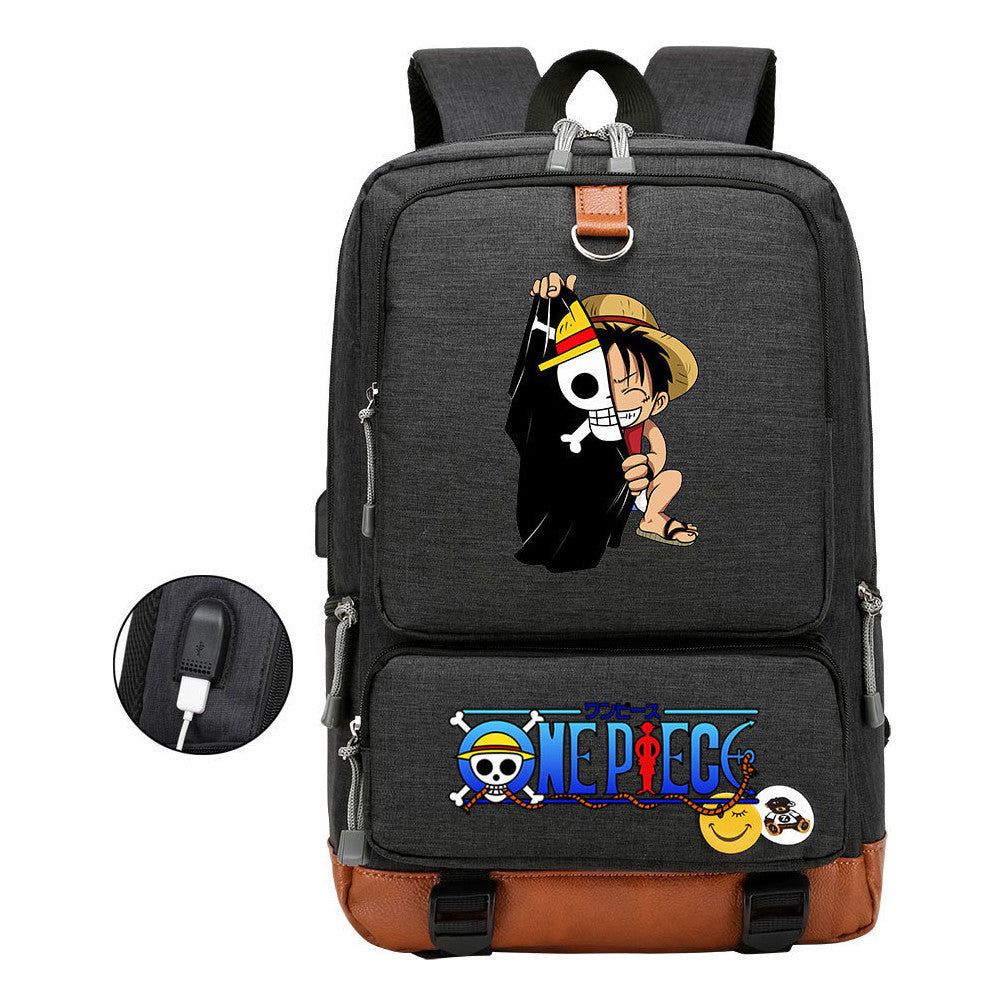 Cartoon Pirate King Print Usb Youth Backpack For Boys And Girls Leisure Travel Backpack