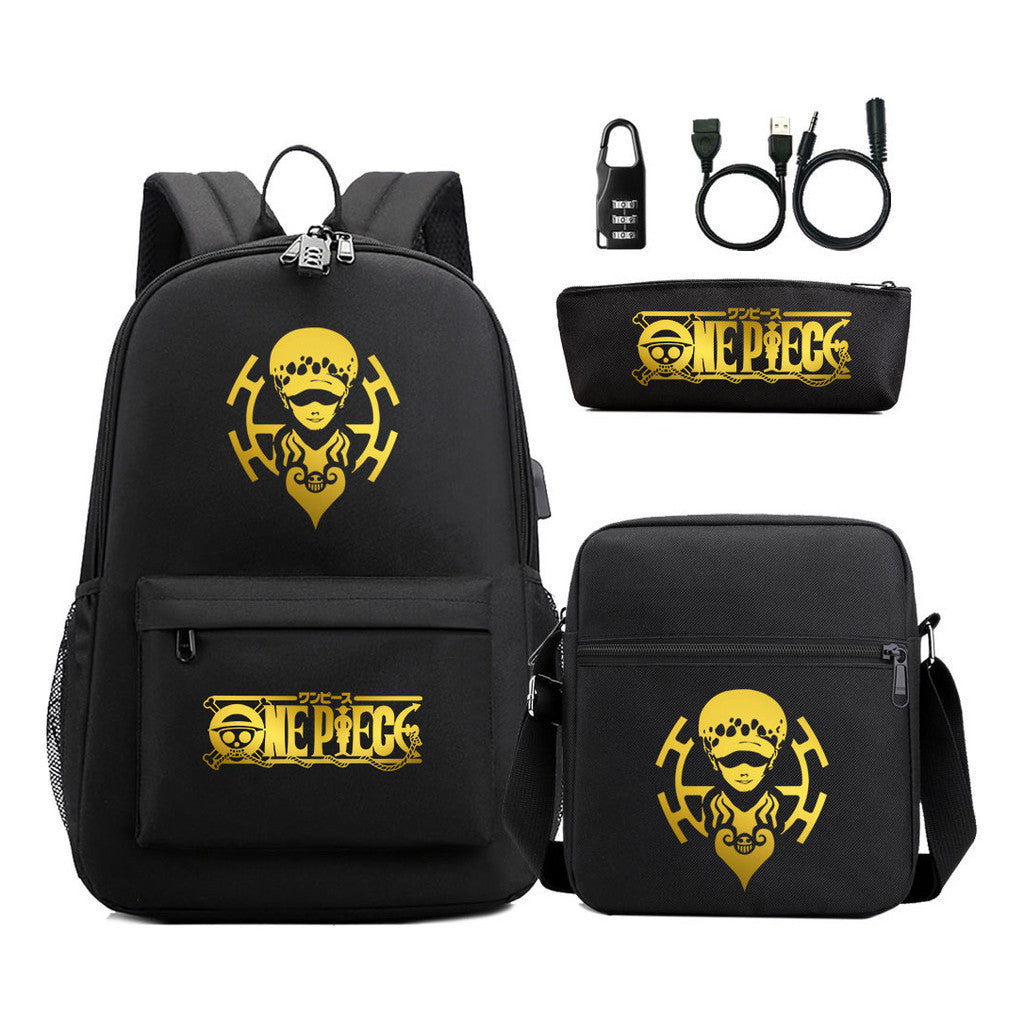 Golden Pirate King Usb Password Lock Youth Student Backpack Set Of Three Pieces, Men's And Women's Backpack Set