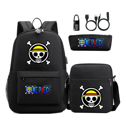 Cartoon Pirate King Usb Password Lock Youth Student Backpack Three Piece Set Backpack