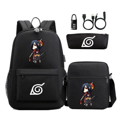 Fashionable Naruto Usb Password Lock Youth Student School Bag Three Piece Backpack Set