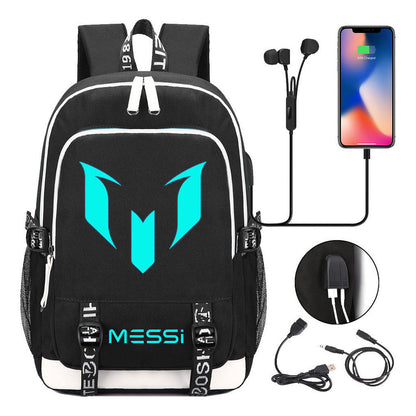 Blue Luminous Sports Football Star Teenagers Schoolbag Usb Leisure Backpack Men And Women