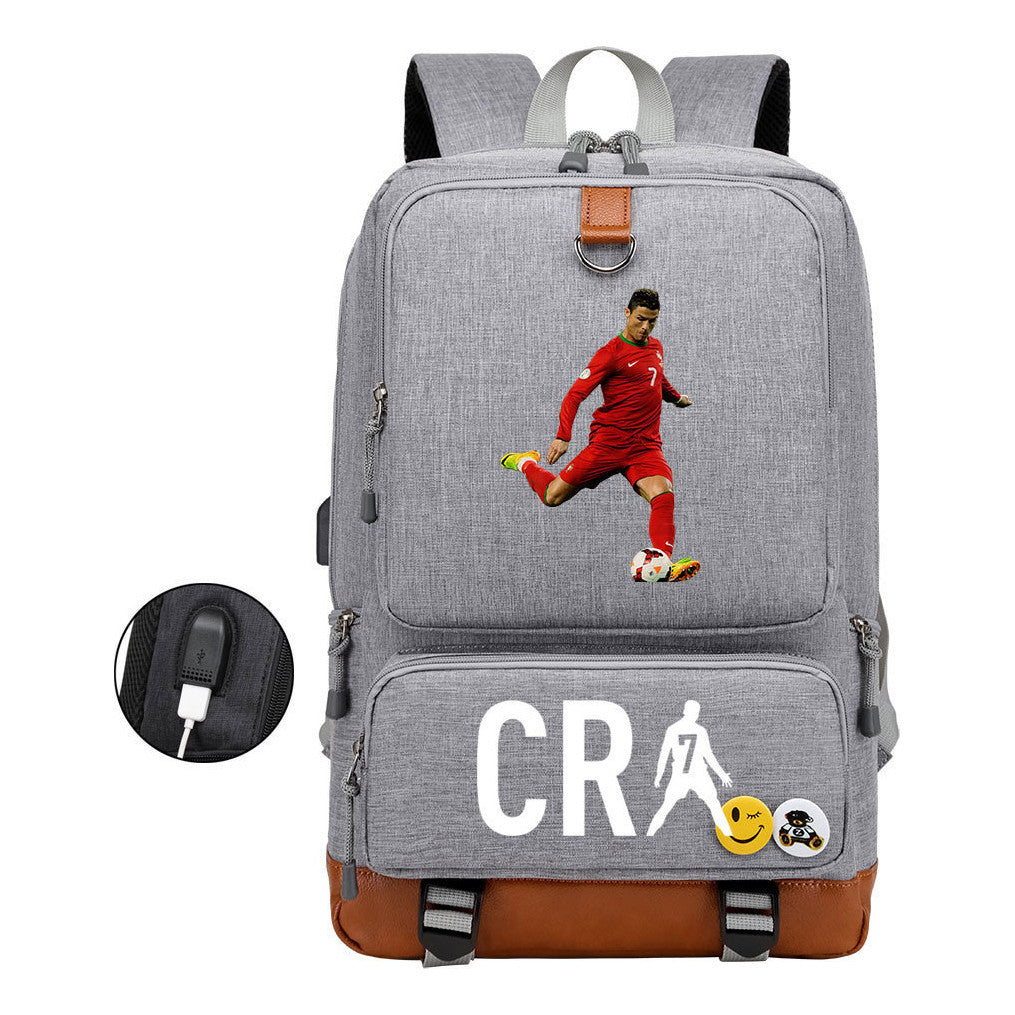 Football Star Cristiano Ronaldo Printed Usb Youth Primary And Secondary School Backpack For Boys And Girls Leisure Travel Backpack