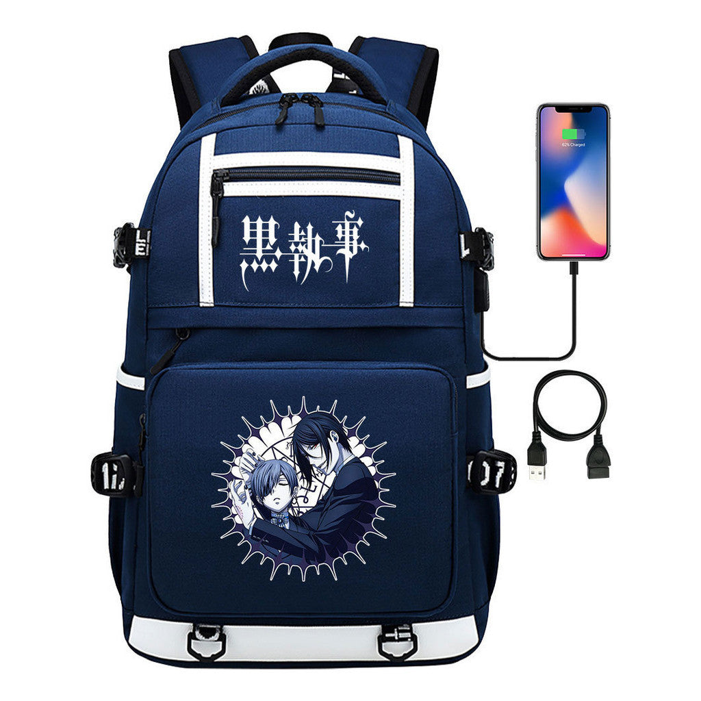 Manga Black Deacon Black Butler Printed Usb Youth Student Backpack Men's And Women's Leisure Travel Backpack