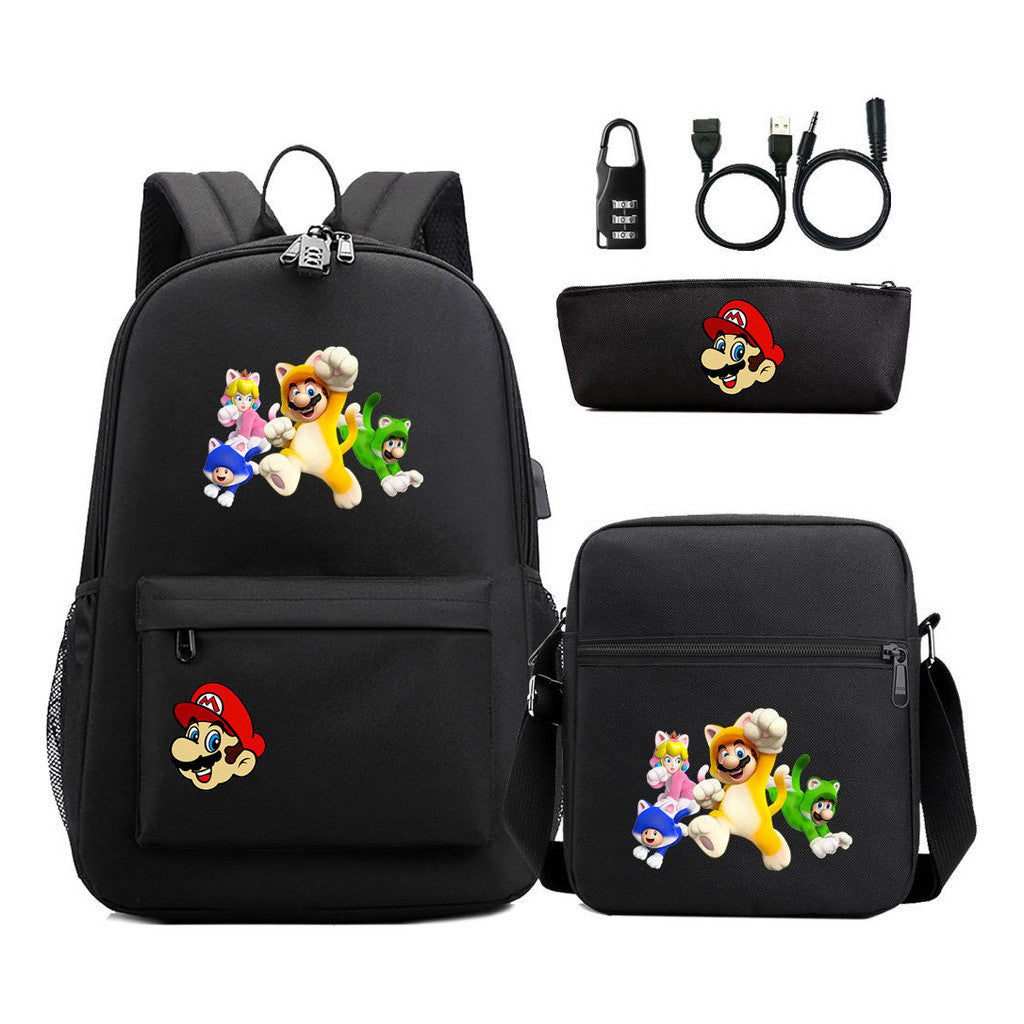 Super Mario Usb Password Lock Youth Student Backpack 3-piece Set For Men And Women Backpacks