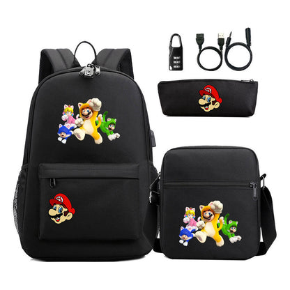 Super Mario Usb Password Lock Youth Student Backpack 3-piece Set For Men And Women Backpacks