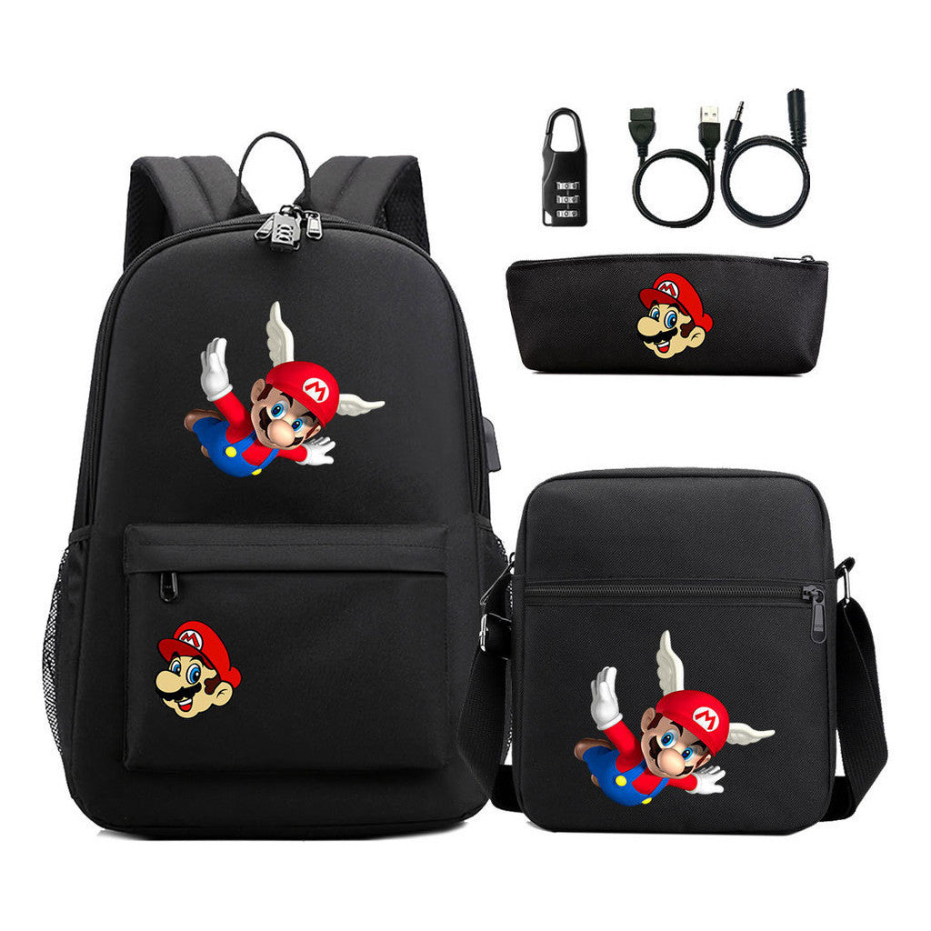 Super Mario Usb Password Lock Youth Student Backpack 3-piece Set For Men And Women Backpacks
