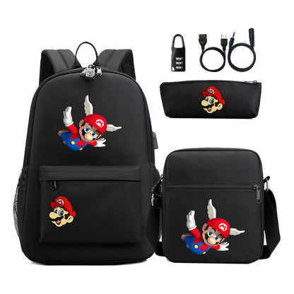 Super Mario Usb Password Lock Youth Student Backpack 3-piece Set For Men And Women Backpacks