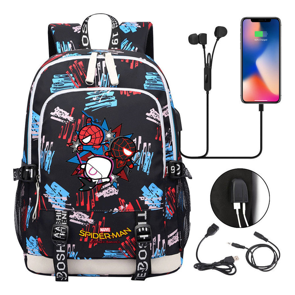 Superhero Printed Youth Primary And Secondary School Backpack Usb Men's And Women's Leisure Backpack
