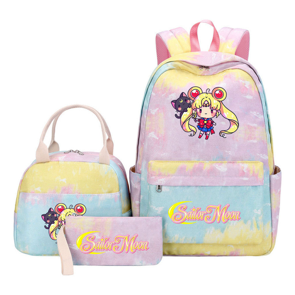 Beautiful Girl Warrior Student Schoolbag Lunch Bag Three Piece Set Backpack Cover