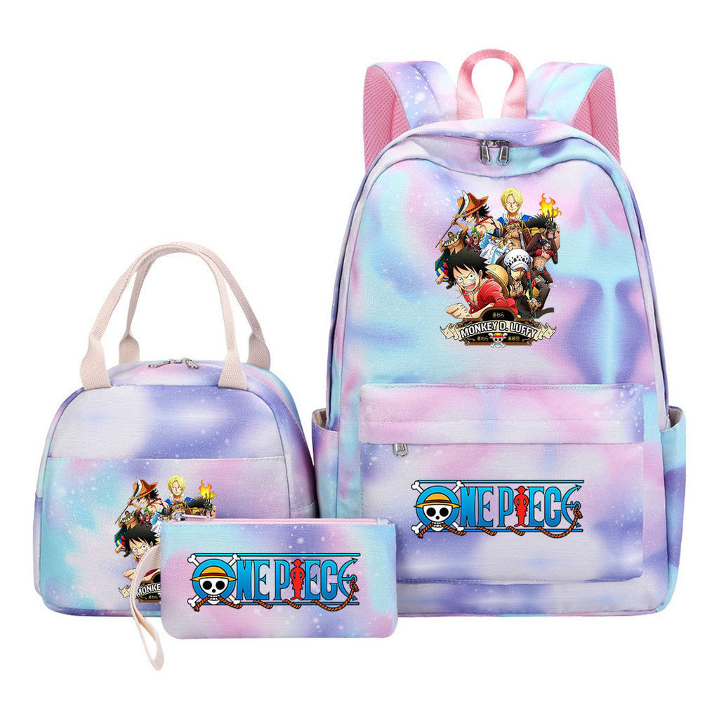 Cartoon Pirate King Youth Student Girls School Bag Lunch Bag Three Piece Set Backpack Set
