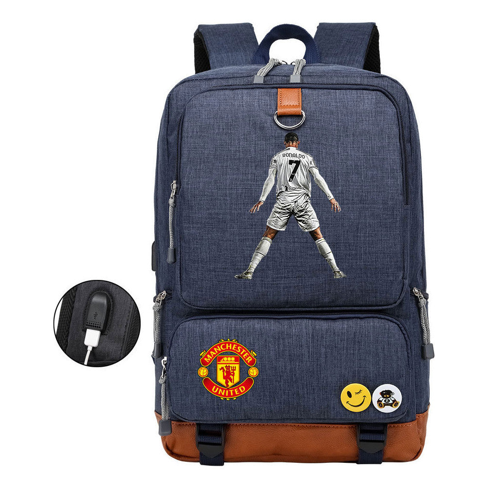 Football Star Cristiano Ronaldo Printed Usb Student Backpack For Leisure Travel Backpack