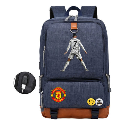 Football Star Cristiano Ronaldo Printed Usb Student Backpack For Leisure Travel Backpack