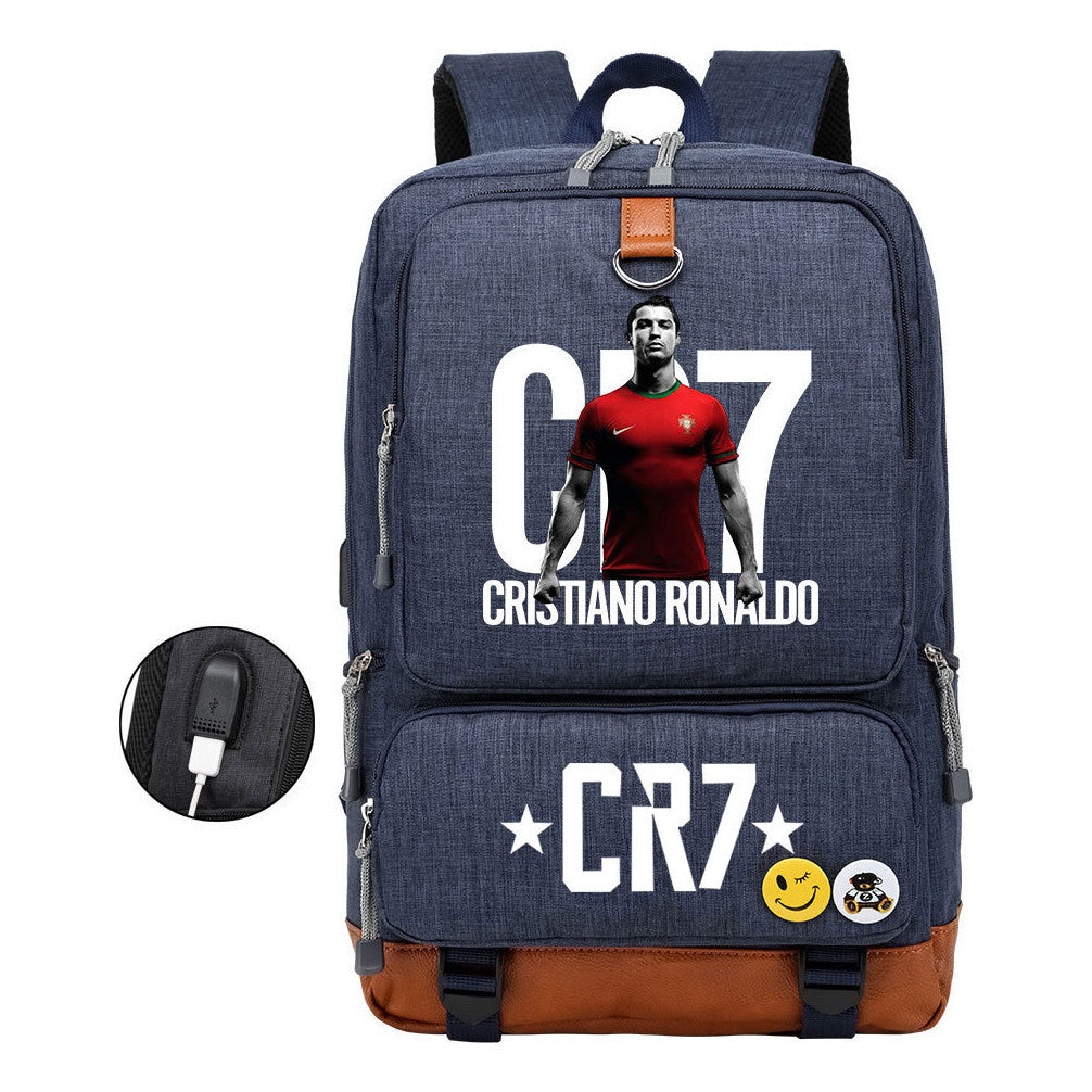 Football Star Cristiano Ronaldo Printed Usb Student Backpack For Leisure Travel Backpack