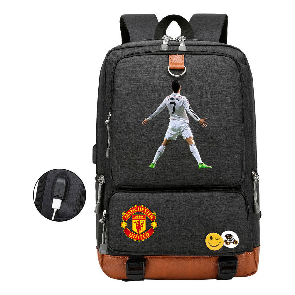 Football Star Cristiano Ronaldo Printed Usb Youth Backpack For Leisure Travel Backpack
