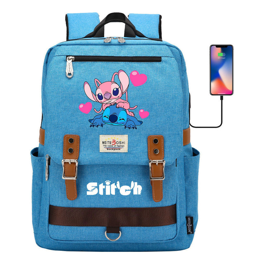 Anime Star Baby Stitch Printed Student Backpack For Men And Women With Casual Magnetic Buckle Backpack