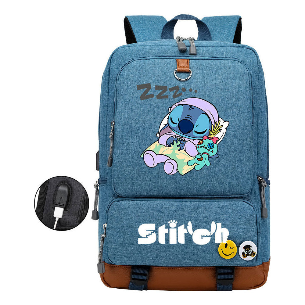 Anime Star Baby Stitch Printed Usb Youth Student Backpack For Men And Women's Leisure Travel Backpack