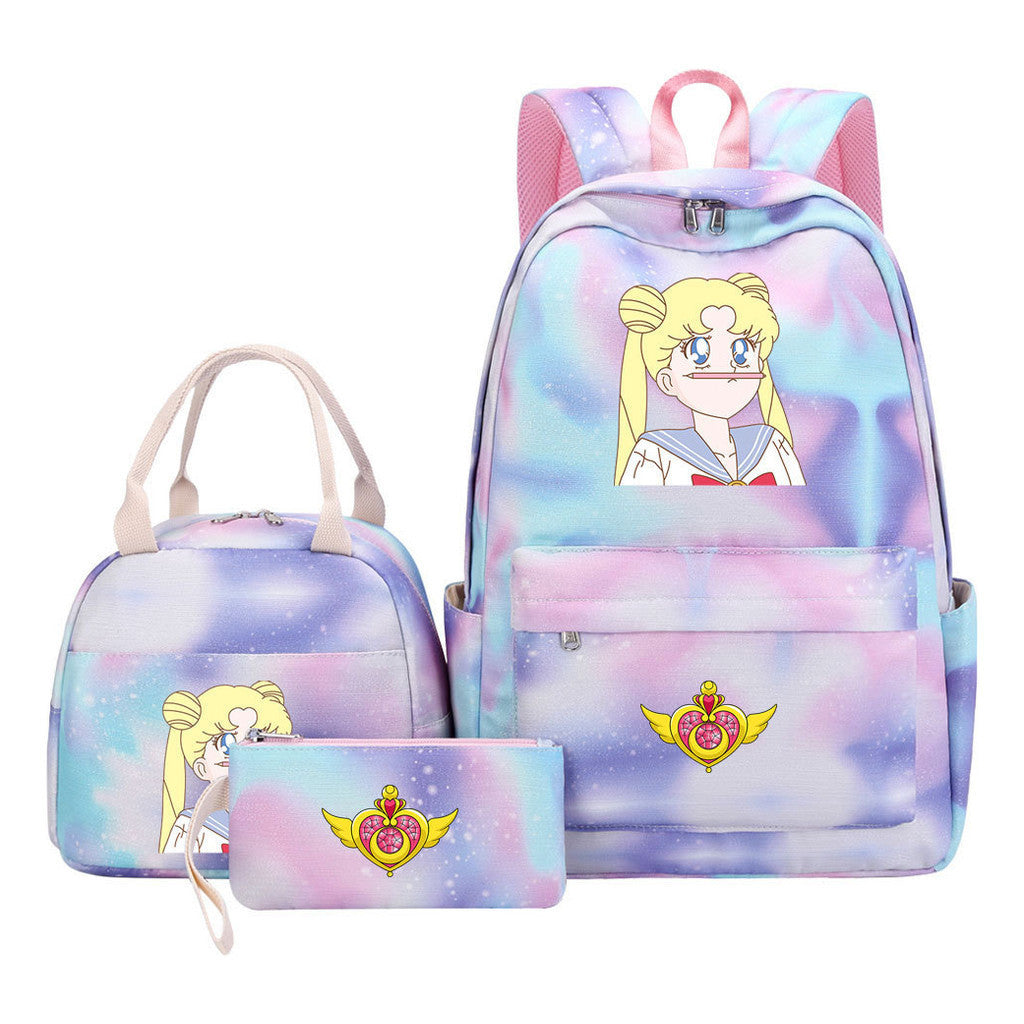 Anime Beauty Girl Warrior Student Girls School Bag Lunch Bag Three Piece Set Backpack Set