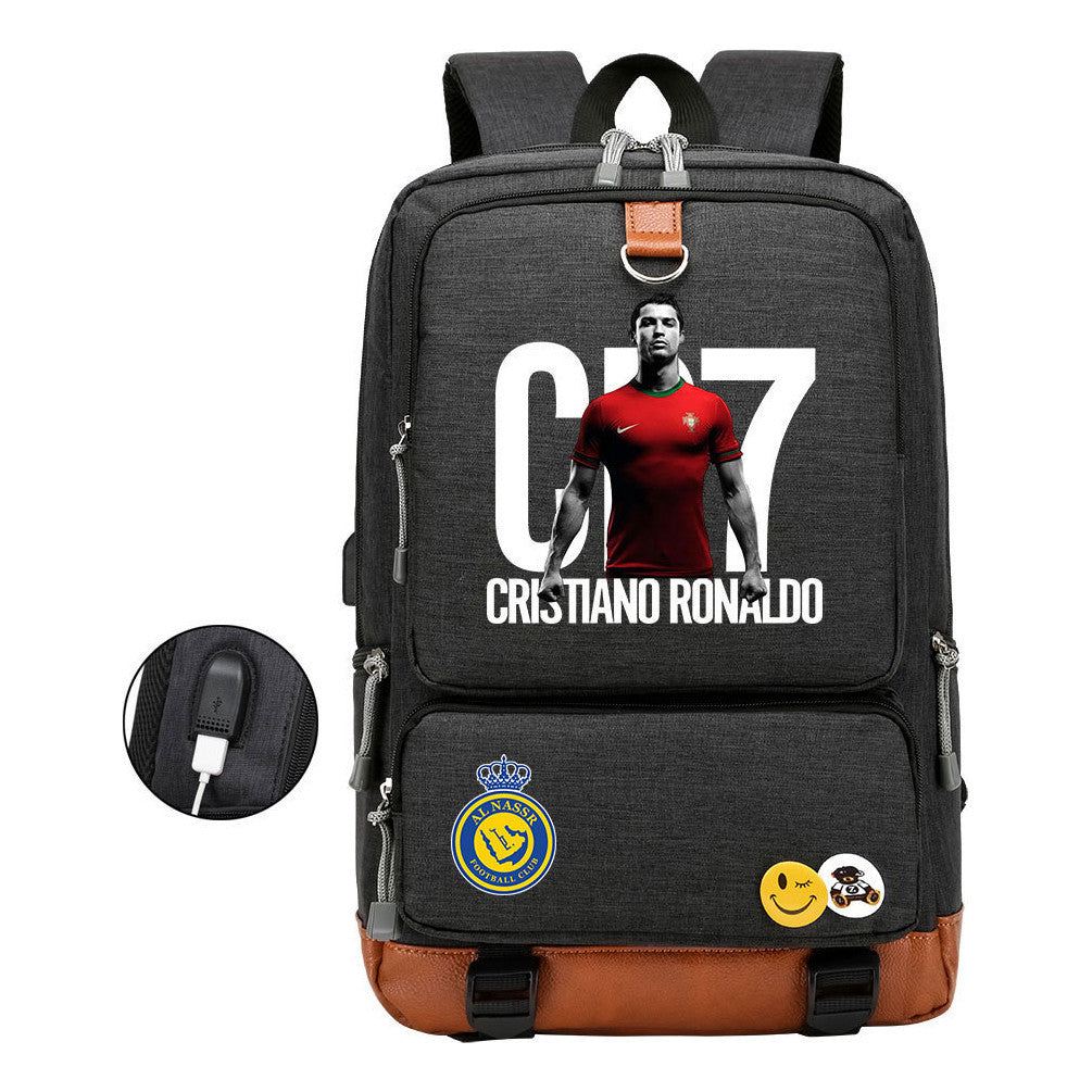 Football Star Cristiano Ronaldo Printed Usb Youth Student Backpack For Leisure Travel Backpack