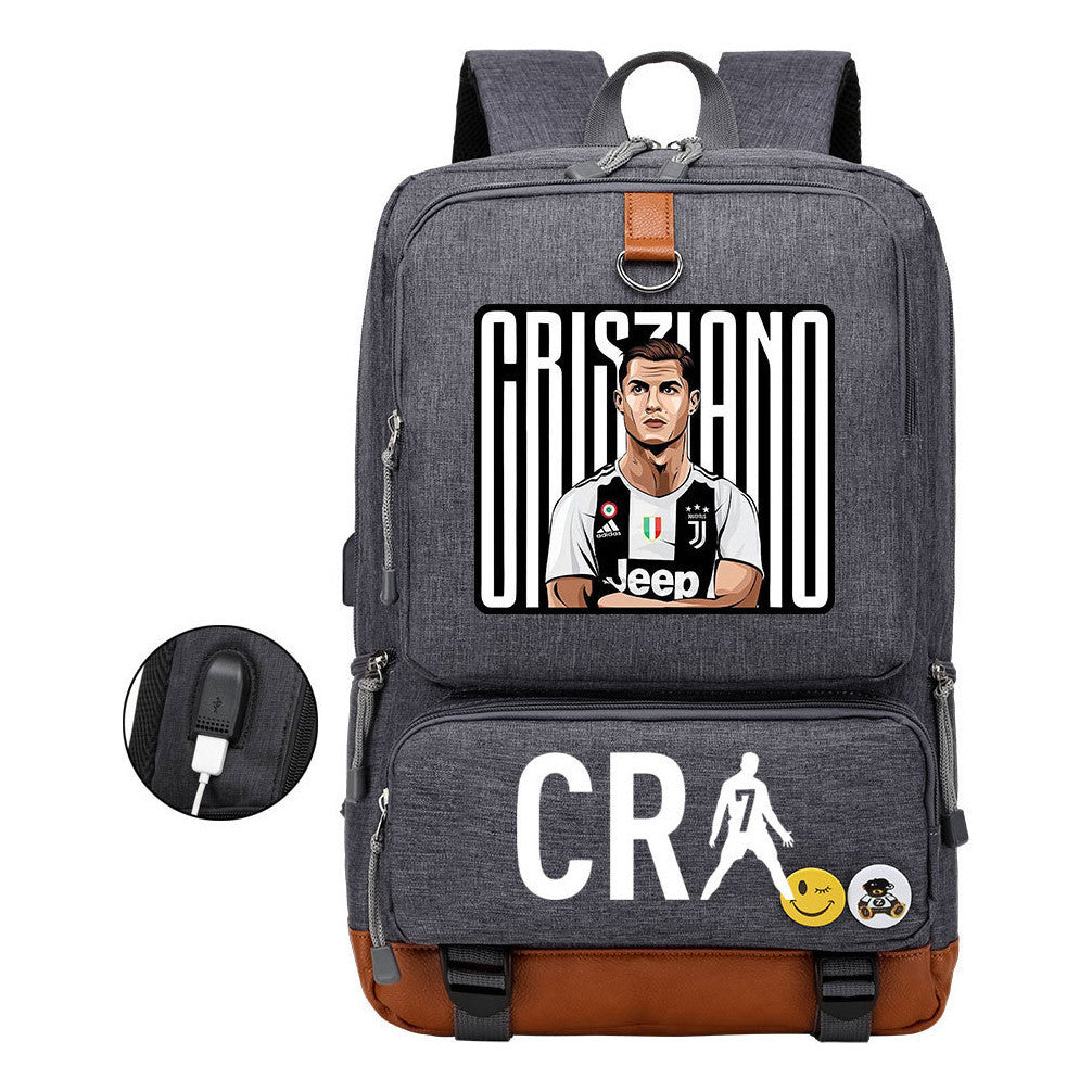 Football Star Cristiano Ronaldo Printed Usb Youth Primary And Secondary School Backpack For Boys And Girls Leisure Travel Backpack