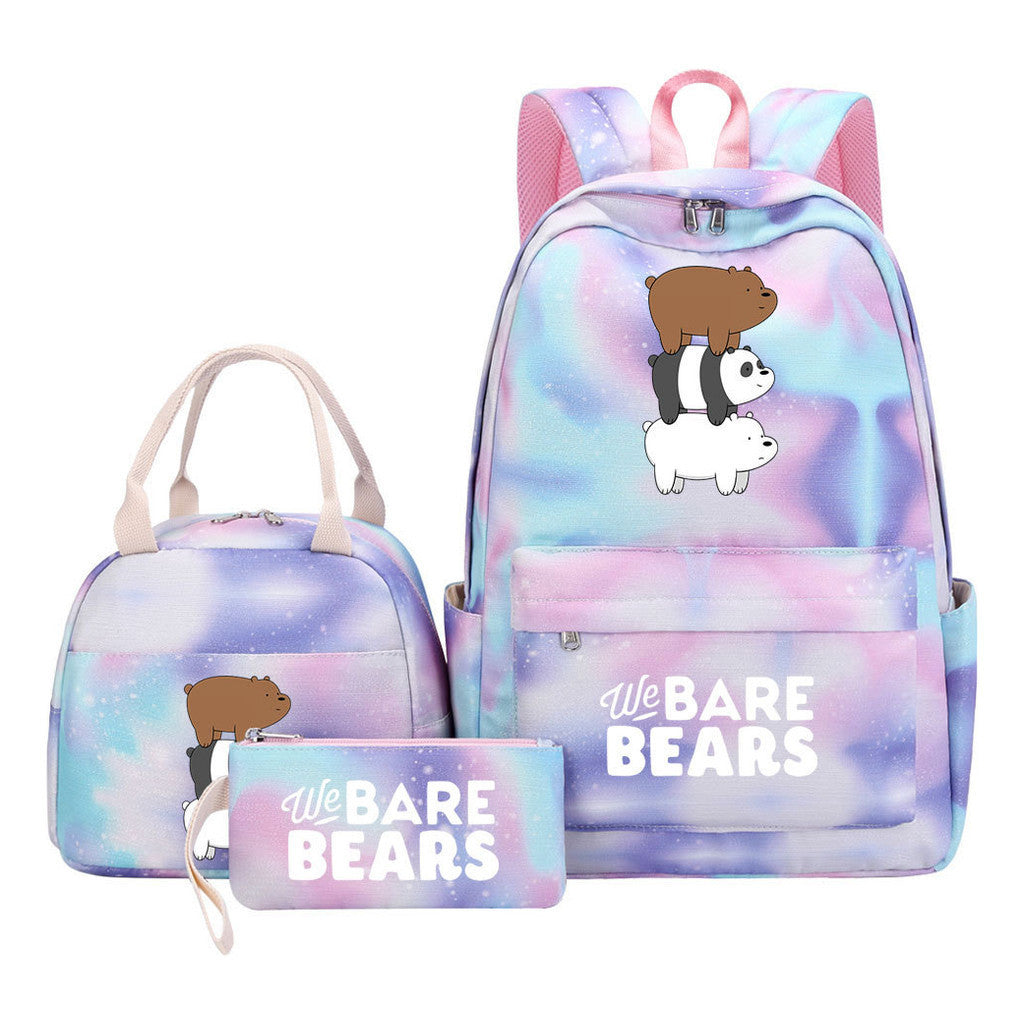Cartoon Cute Three Bears Youth Student Girls School Bag Lunch Bag Three Piece Set Backpack Set