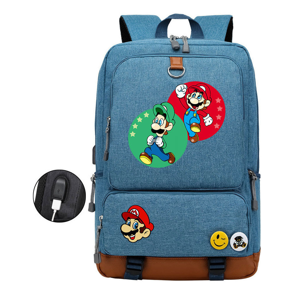 Super Mario Printed Usb Youth Student Backpack For Leisure Travel Backpack