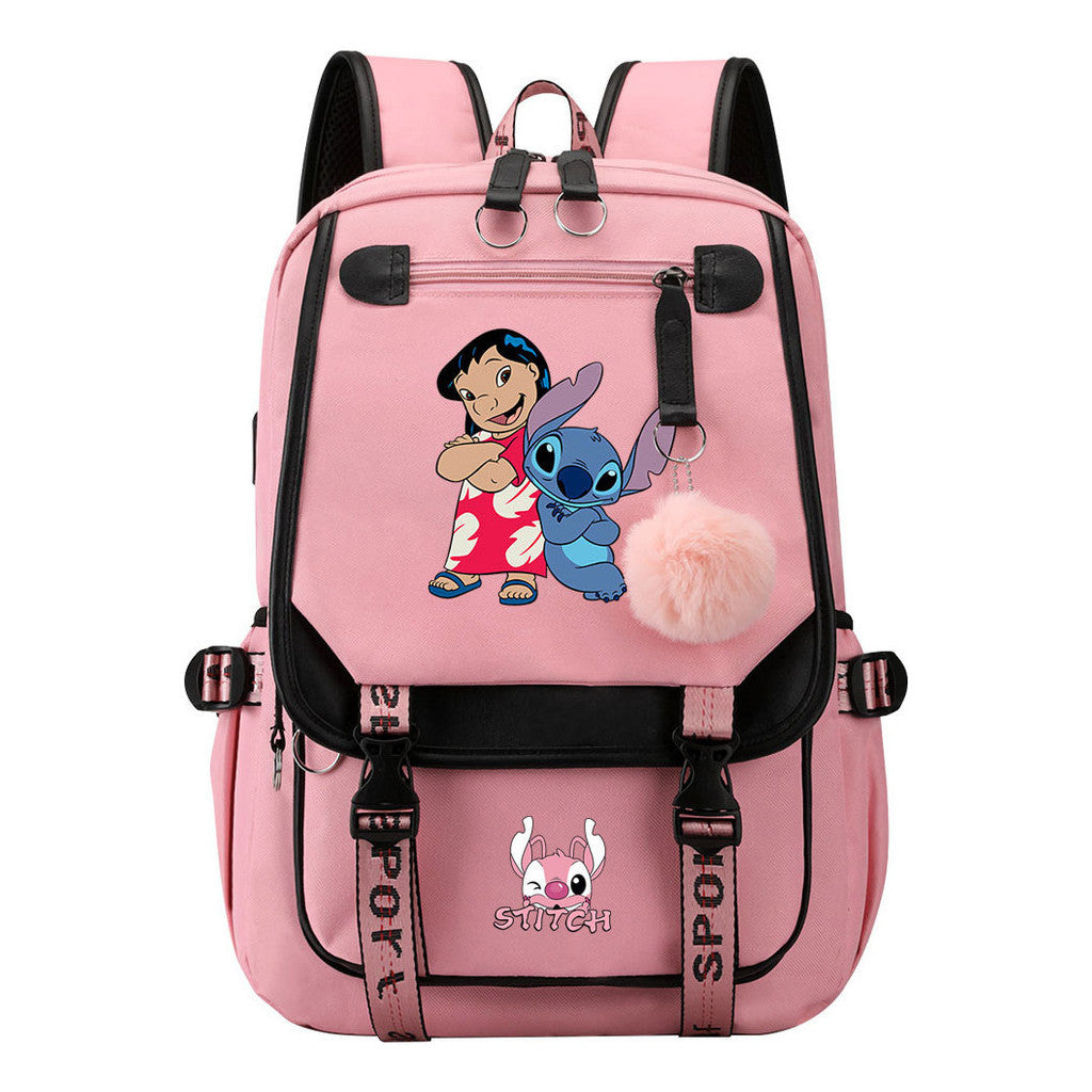 Interstellar Baby Stitch Usb Youth School Bag Casual Ribbon Flip Backpack