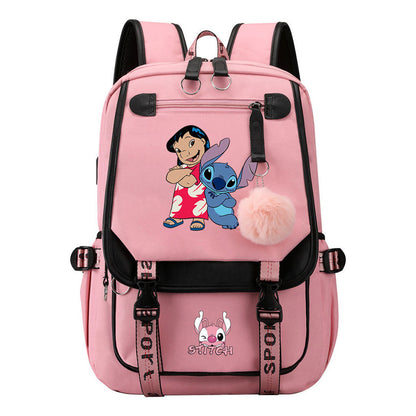 Interstellar Baby Stitch Usb Youth School Bag Casual Ribbon Flip Backpack