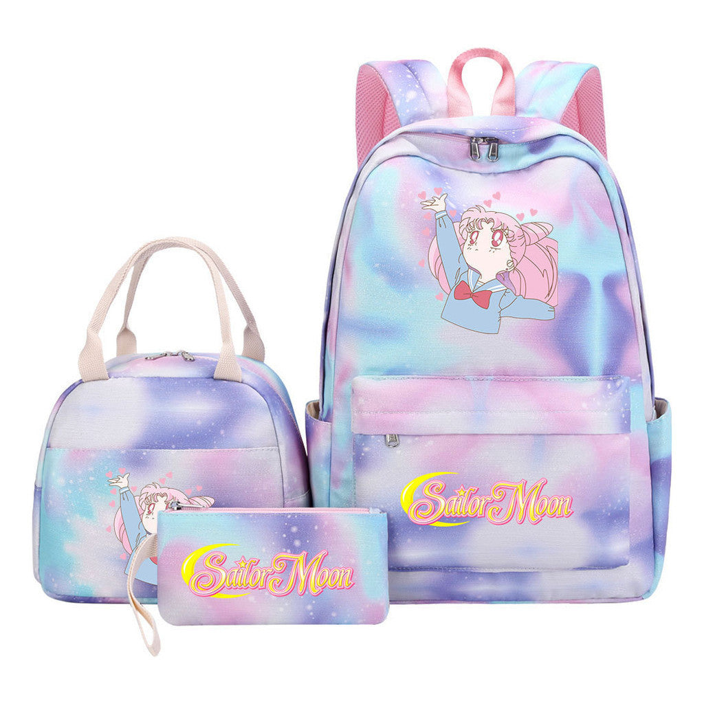 Beautiful Girl Warrior Student Schoolbag Lunch Bag Three Piece Set Backpack Cover