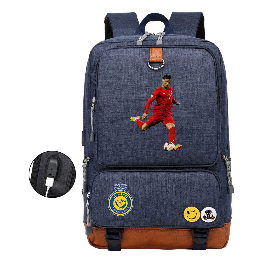 Football Star Cristiano Ronaldo Printed Usb Youth Student Backpack For Leisure Travel Backpack
