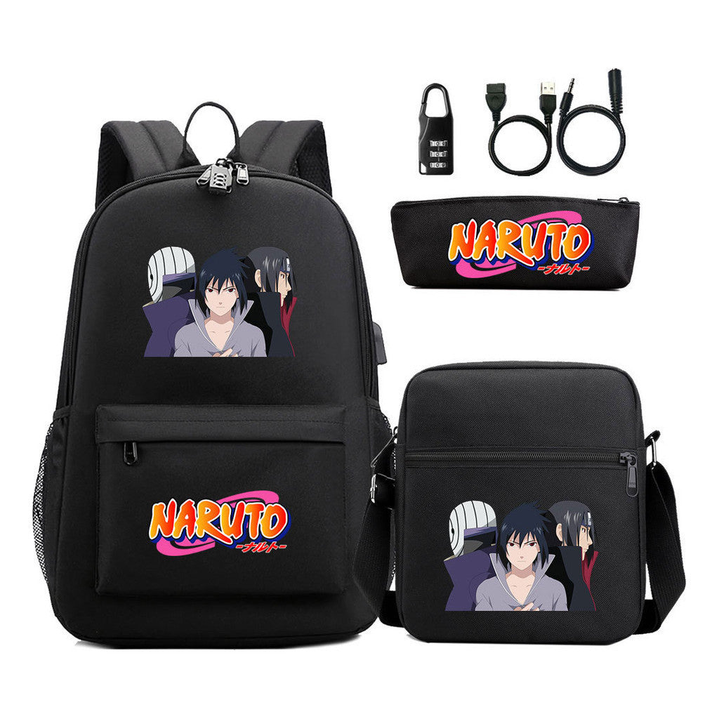 Naruto Usb Password Lock Youth Student Backpack Three Piece Set For Men And Women Backpacks
