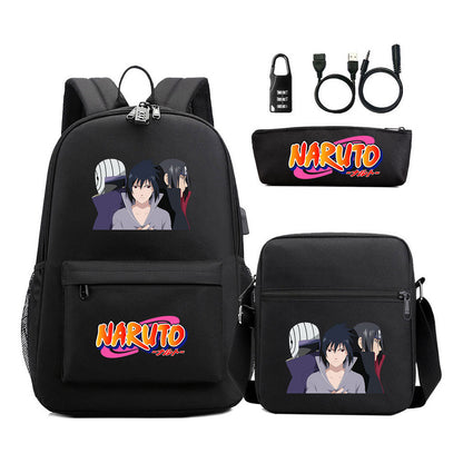 Naruto Usb Password Lock Youth Student Backpack Three Piece Set For Men And Women Backpacks