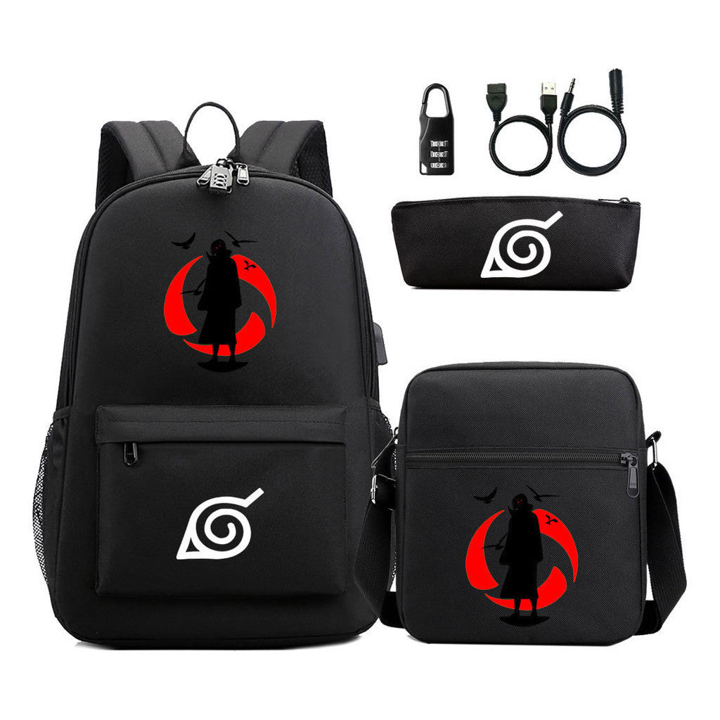 Fashionable Naruto Usb Password Lock Youth Student School Bag Three Piece Backpack Set