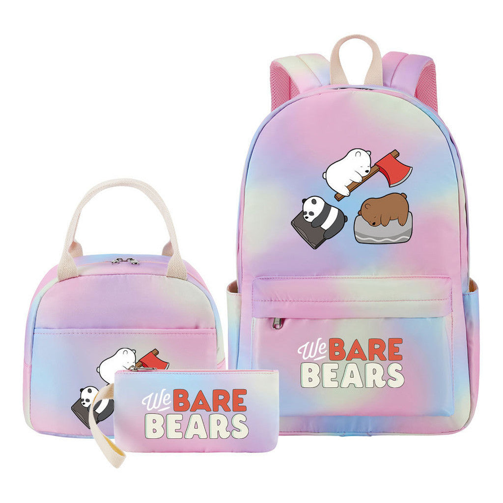 Cartoon Cute Three Bears Youth Student Girls School Bag Lunch Bag Three Piece Set Backpack Set