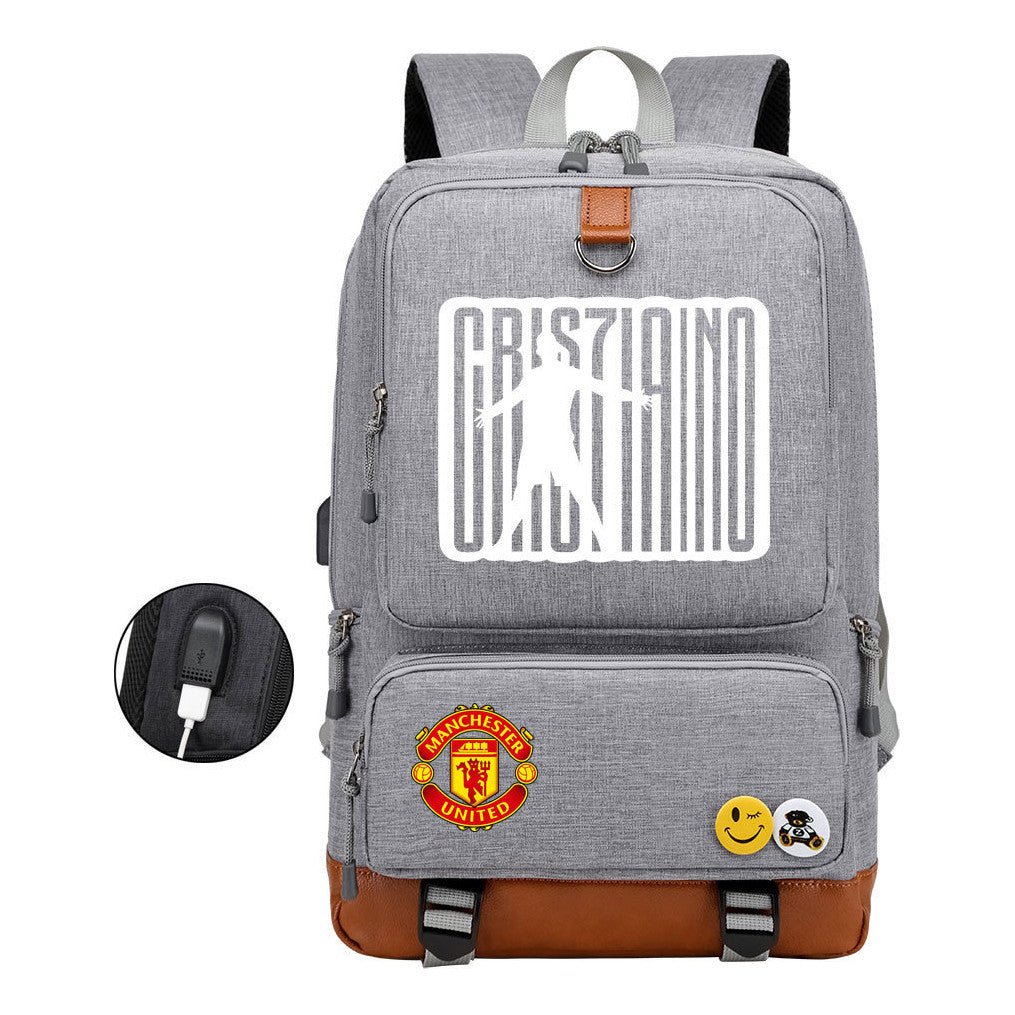 Football Star Cristiano Ronaldo Printed Usb Student Backpack For Leisure Travel Backpack