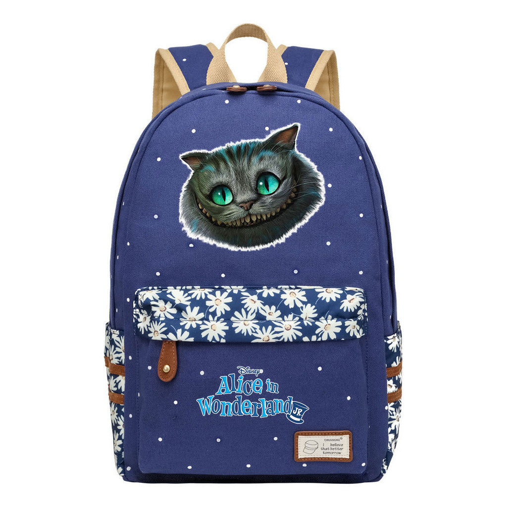 Anime Cartoon Cheshire Cat Print Youth Student Backpack With Floral Casual Backpack