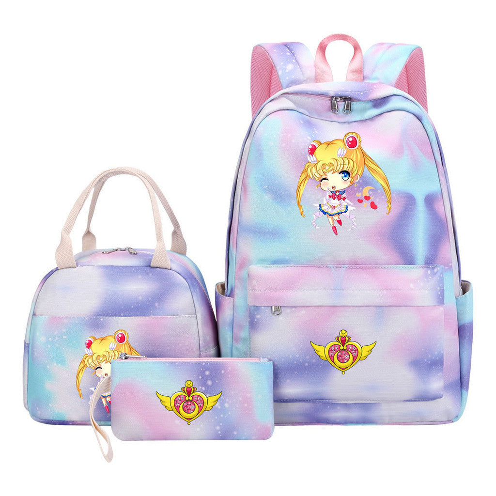 Anime Beauty Girl Warrior Girls School Bag Lunch Bag Three Piece Set Backpack Set