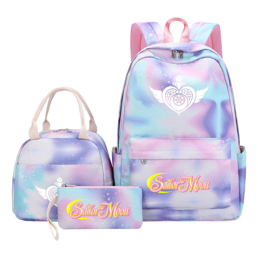 Beautiful Girl Warrior Student Schoolbag Lunch Bag Three Piece Set Backpack Cover