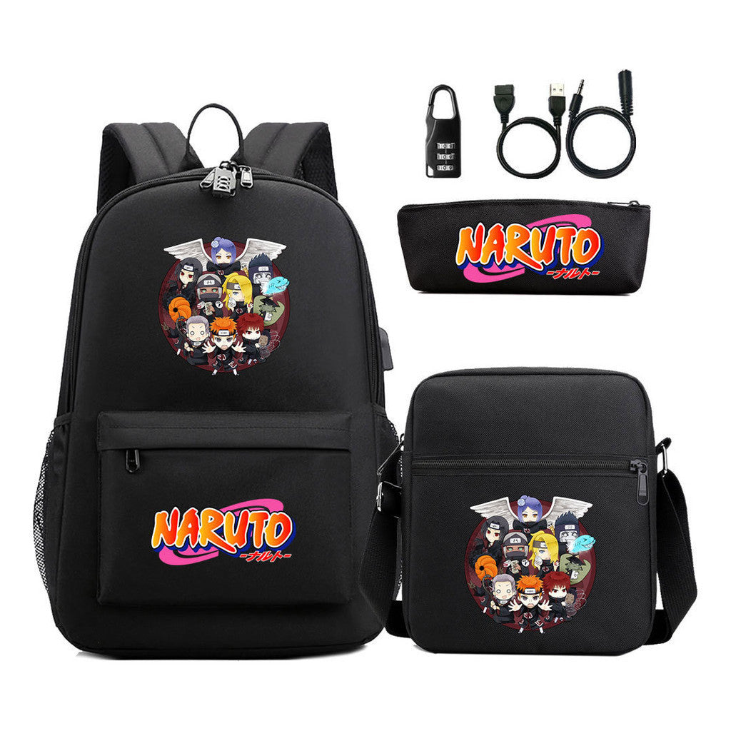 Naruto Usb Password Lock Youth Student Backpack Three Piece Set For Men And Women Backpacks