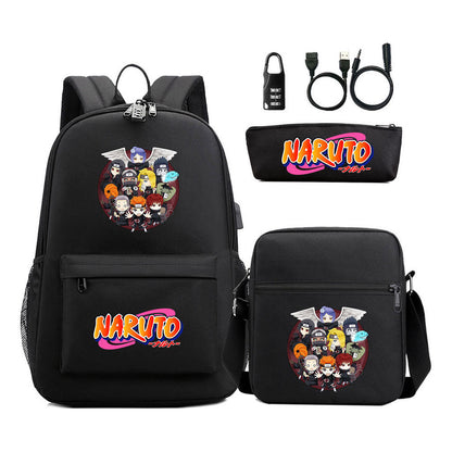 Naruto Usb Password Lock Youth Student Backpack Three Piece Set For Men And Women Backpacks