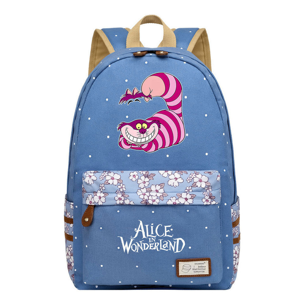 Anime Cartoon Cheshire Cat Print Student Backpack, Floral Casual Backpack