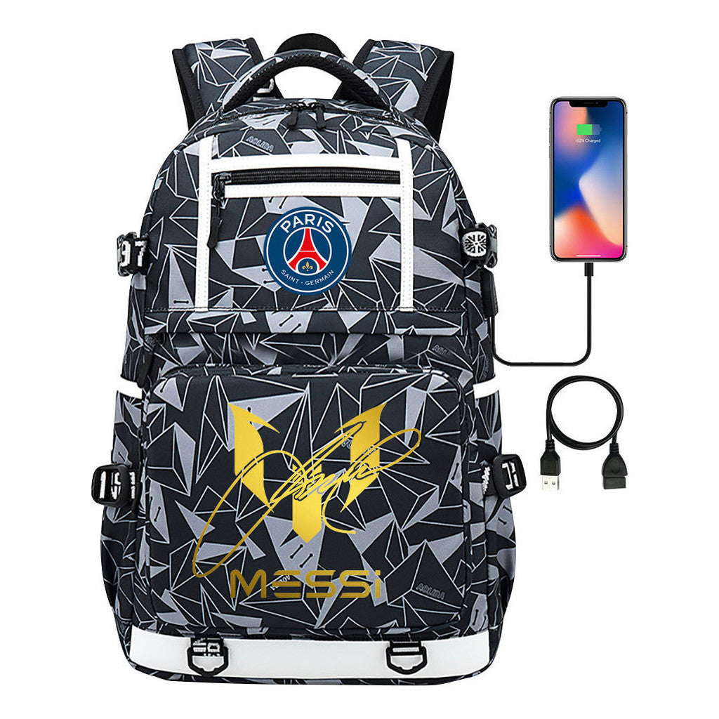 Gold Sports Football Star Printed Usb Youth School Bag Backpack Leisure Travel Backpack