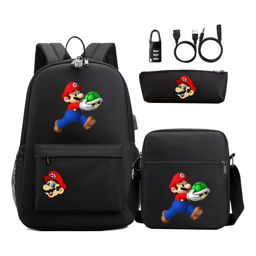 Super Mario Usb Password Lock Youth Student Backpack 3-piece Set For Men And Women Backpacks