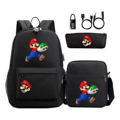 Super Mario Usb Password Lock Youth Student Backpack 3-piece Set For Men And Women Backpacks