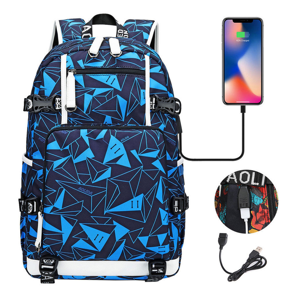 Printed Usb Youth Student School Bag Leisure Large Capacity Travel Backpack
