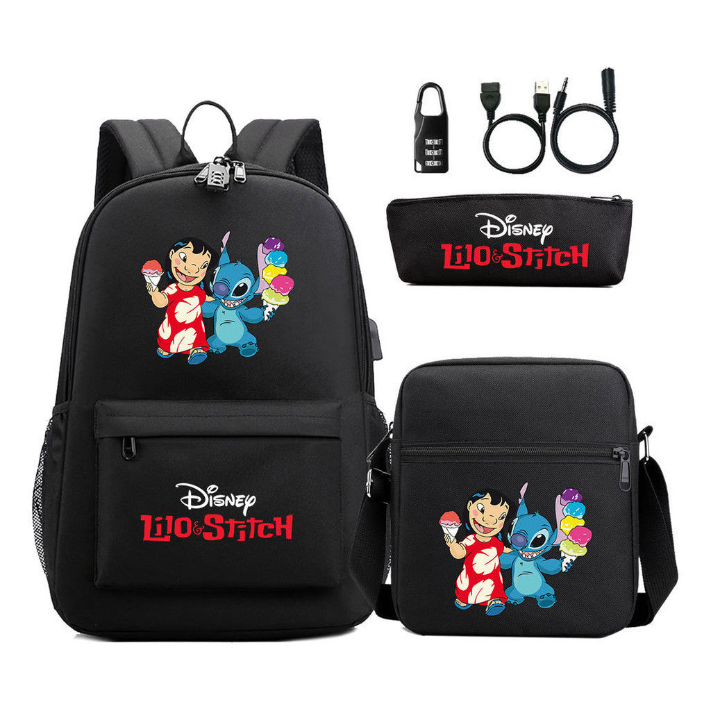 Interstellar Baby Stitch Usb Password Lock Youth Student Backpack 3-piece Set For Men And Women Backpacks